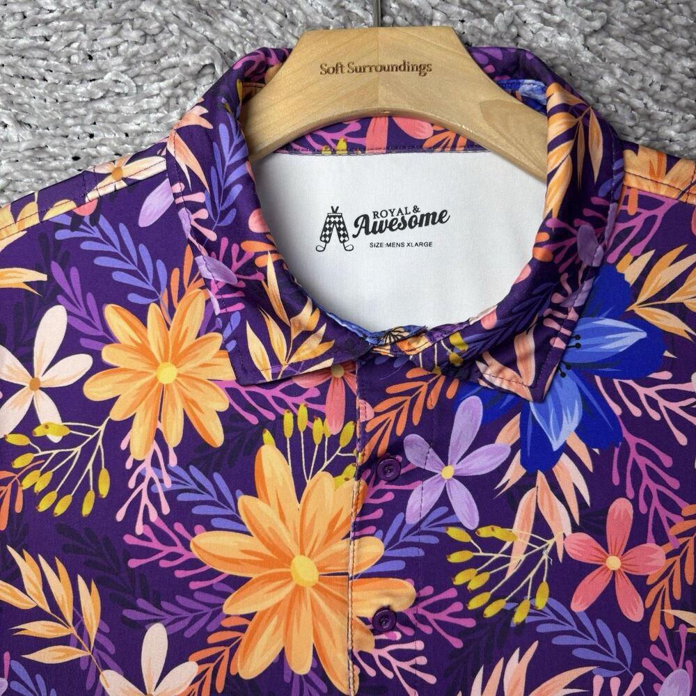 Royal & Awesome Polo Shirt Mens XL Short Sleeve Floral Tropical Hawaiian Golf